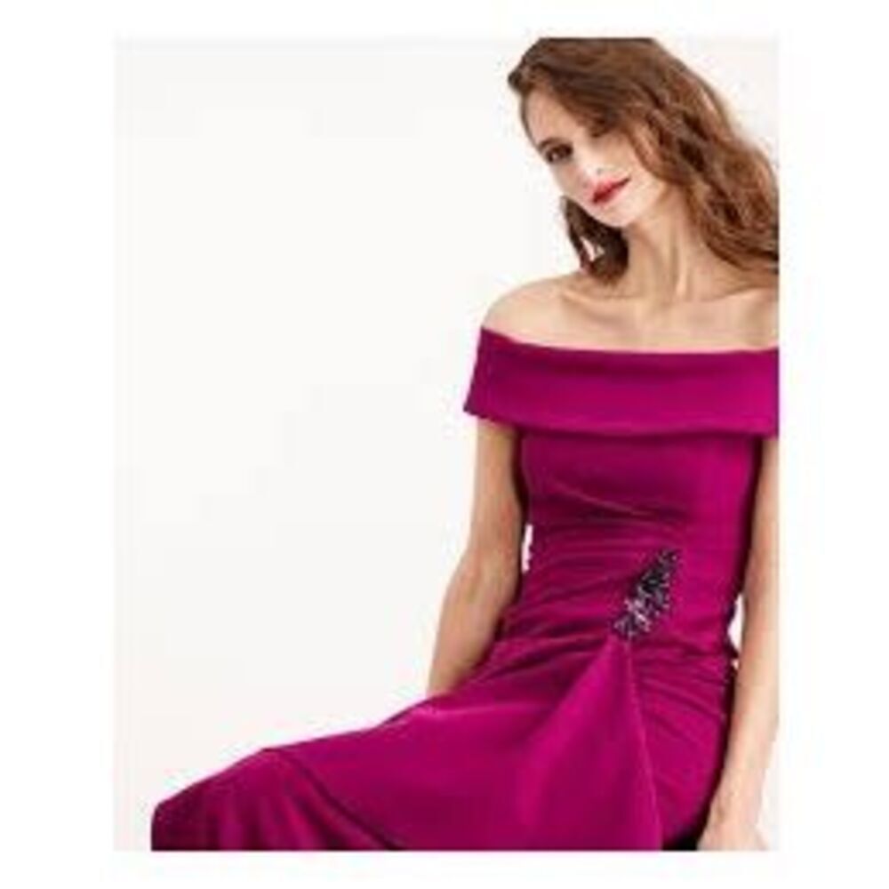 Adrianna Papell Size 6 Off Shoulder Trumpet Formal Gown Fuchsia Purple Pink NWT - Picture 4 of 16